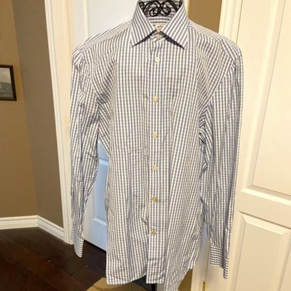 Kiton Men's Dress Shirt Blue Plaid Pattern in Size 17/43 EUC - Picture 1 of 16